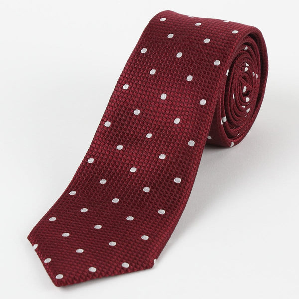 James Adelin Mens Silk Neck Tie in Burgundy and White Polka Dot Square Weave