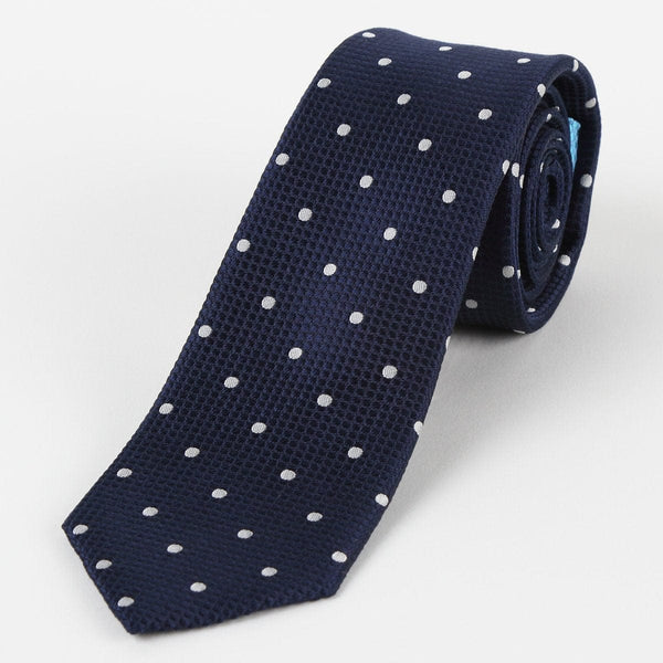 James Adelin Mens Silk Neck Tie in Navy and White Polka Dot Square Weave