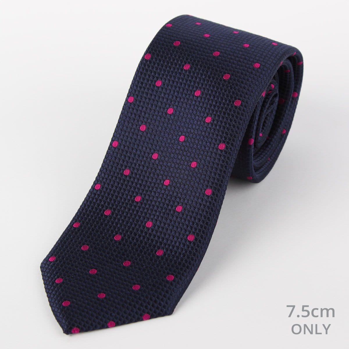 James Adelin Mens Silk Neck Tie in Navy and Magenta Polka Dot Square Weave