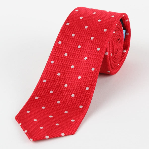 James Adelin Mens Silk Neck Tie in Red and White Polka Dot Square Weave