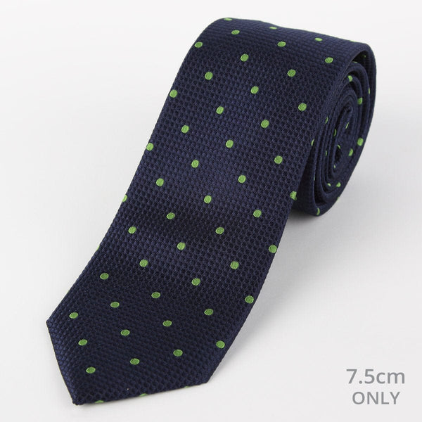 James Adelin Mens Silk Neck Tie in Navy and Green Polka Dot Square Weave