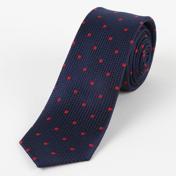 James Adelin Mens Silk Neck Tie in Navy and Red Polka Dot Square Weave