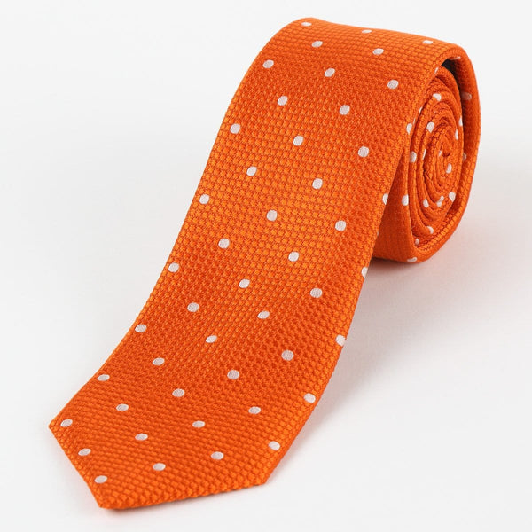 James Adelin Mens Silk Neck Tie in Orange and White Polka Dot Square Weave