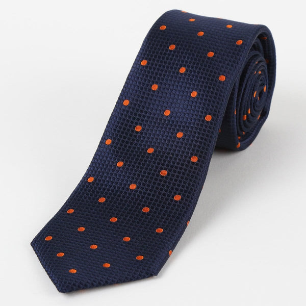 James Adelin Mens Silk Neck Tie in Navy and Orange Polka Dot Square Weave