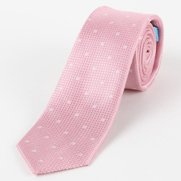 James Adelin Mens Silk Neck Tie in Pink and White Polka Dot Square Weave