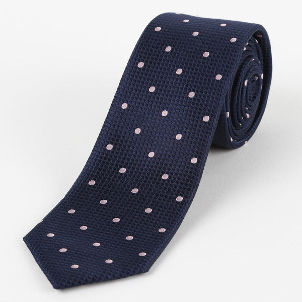 James Adelin Mens Silk Neck Tie in Navy and Pink Polka Dot Square Weave