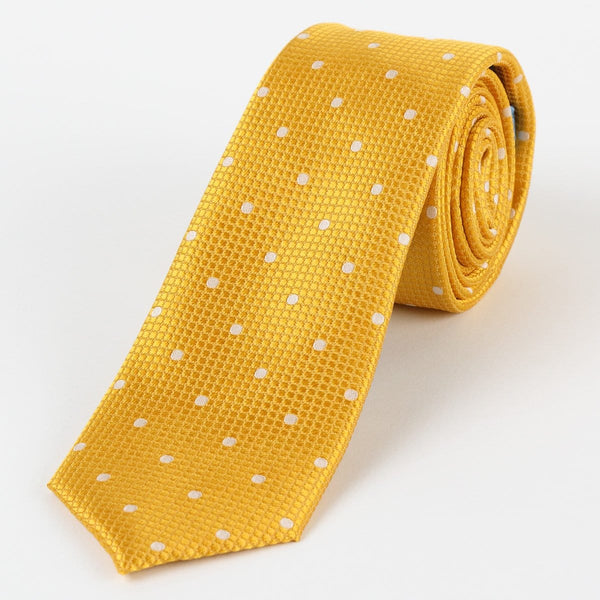 James Adelin Mens Silk Neck Tie in Gold and White Polka Dot Square Weave