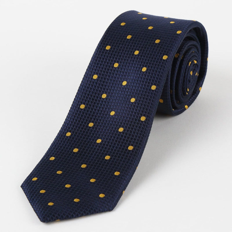 James Adelin Mens Silk Neck Tie in Navy and Gold Polka Dot Square Weave