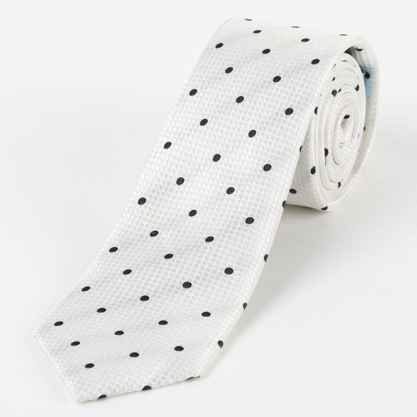 James Adelin Mens Silk Neck Tie in Off-White and Black Polka Dot Square Weave