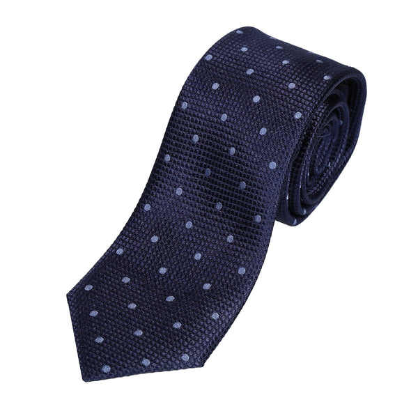 James Adelin Mens Silk Neck Tie in Navy and Slate Polka Dot Square Weave