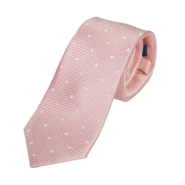 James Adelin Mens Silk Neck Tie in Soft Pink and White Polka Dot Square Weave