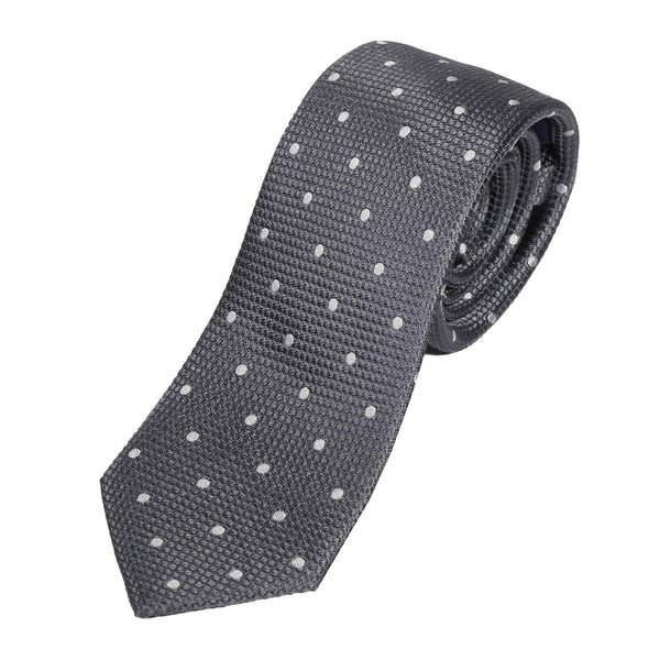 James Adelin Mens Silk Neck Tie in Charcoal and White Polka Dot Square Weave