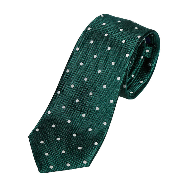 James Adelin Mens Silk Neck Tie in Dark Green and White Polka Dot Square Weave