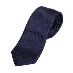 James Adelin Mens Silk Neck Tie in Navy and Dark Green Polka Dot Square Weave