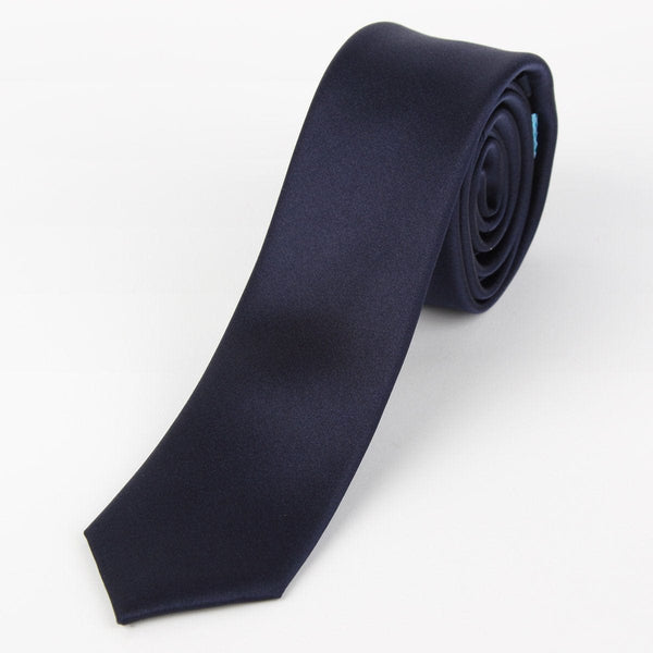 James Adelin Mens Silk Skinny Neck Tie in Navy Satin Weave
