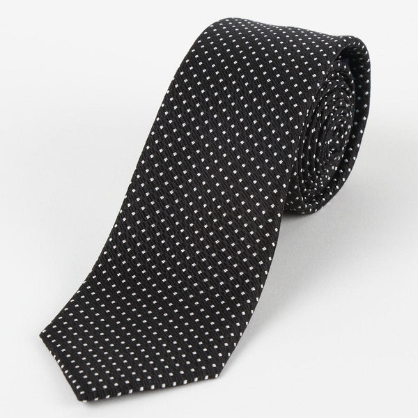 James Adelin Mens Silk Neck Tie in Black and White Spotted Textured Weave