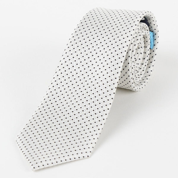 James Adelin Mens Silk Neck Tie in Off White and Black Mini Spotted Textured Weave