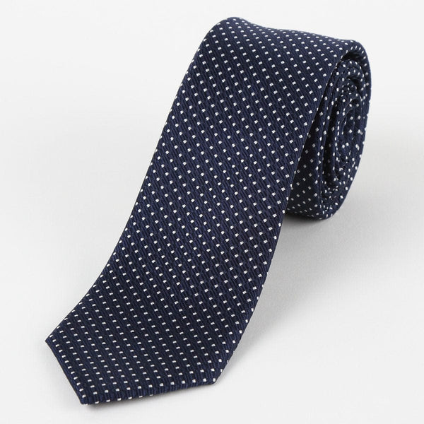 James Adelin Mens Silk Neck Tie in Navy and White Mini Spotted Textured Weave