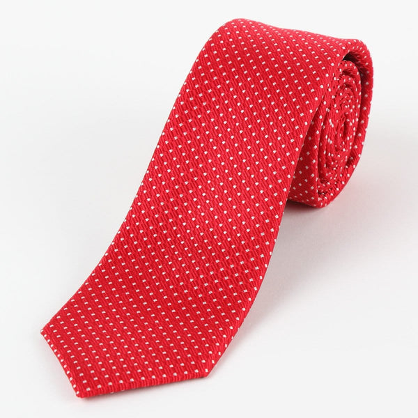 James Adelin Mens Silk Neck Tie in Red and White Spotted Textured Weave