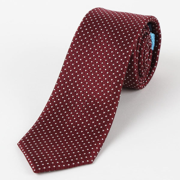 James Adelin Mens Silk Neck Tie in Burgundy and White Spotted Textured Weave