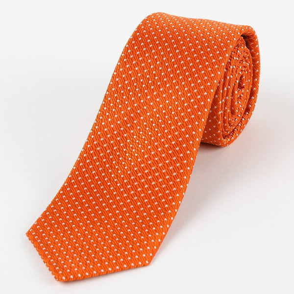 James Adelin Mens Silk Neck Tie in Orange and White Spotted Textured Weave