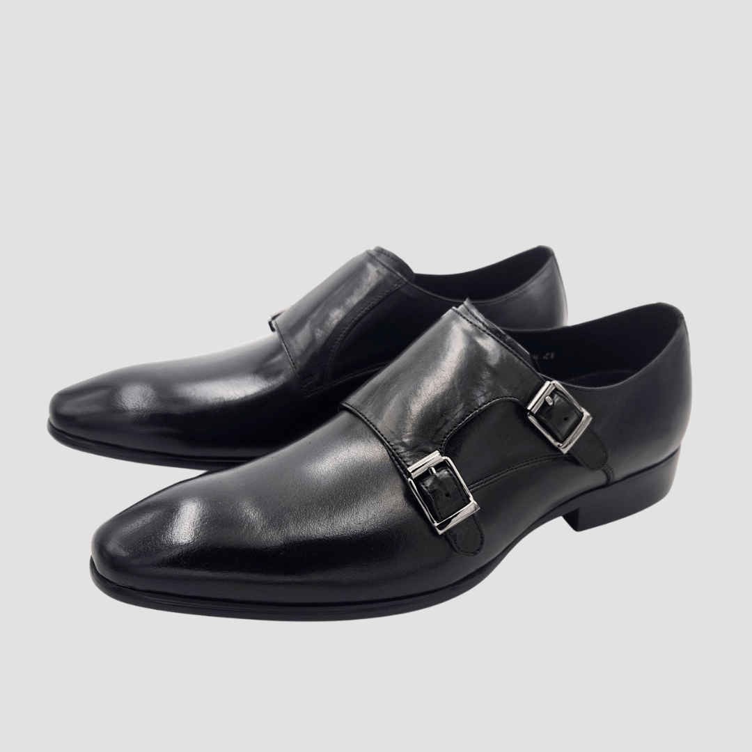 Martino Carolus Two Buckle Leather Shoe in Black FM27B