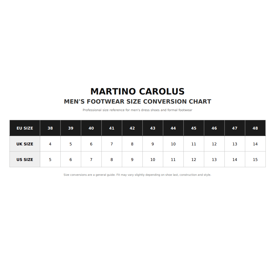 Martino Carolus Men's Footwear Conversion Size Chart 2026