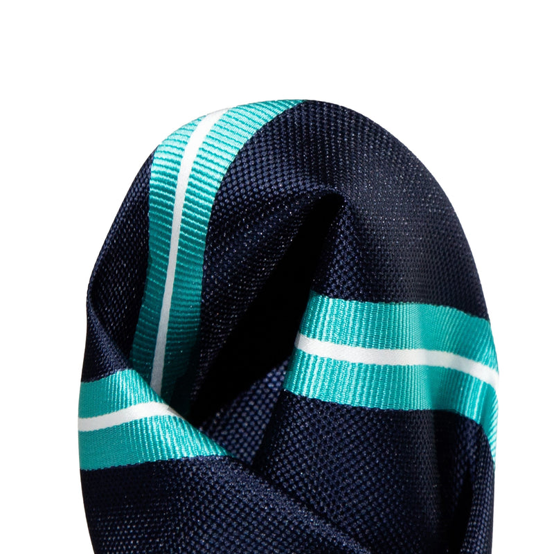 James Adelin Luxury Regimental Stripe Pocket Square in Navy, Aqua and White