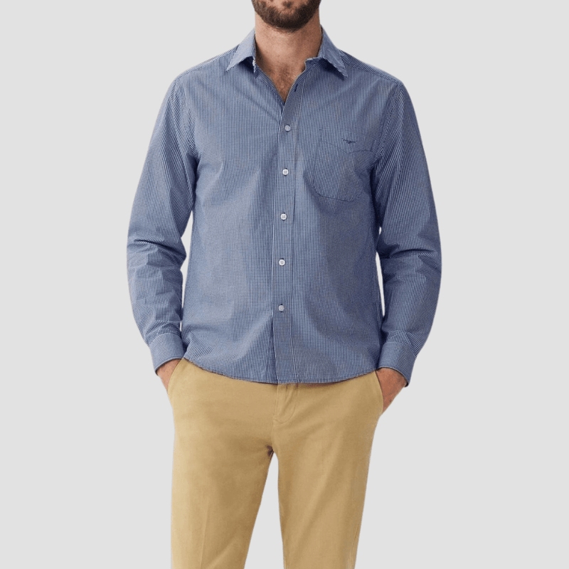 R.M. Williams Mens Classic Shirt in Navy Gingham Pure Organic Cotton - In Store Only