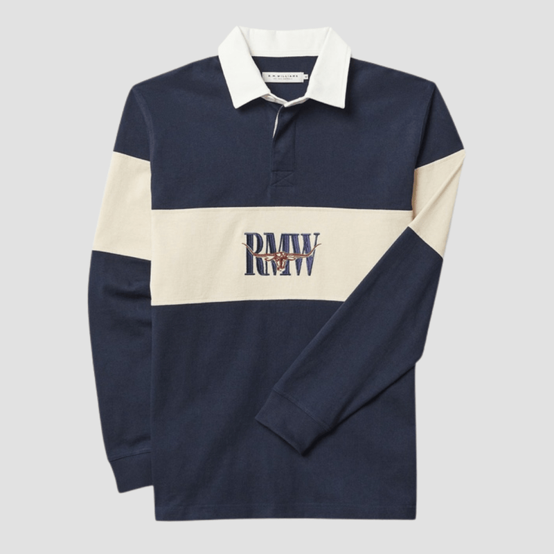 R.M. Williams Mens Heritage Rugby Sweatshirt in Navy Sand - In Store Only