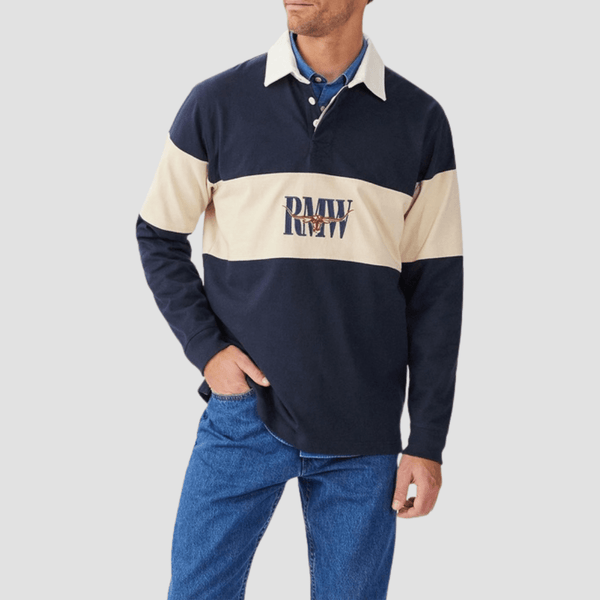 R.M. Williams Mens Heritage Rugby Sweatshirt in Navy Sand - In Store Only