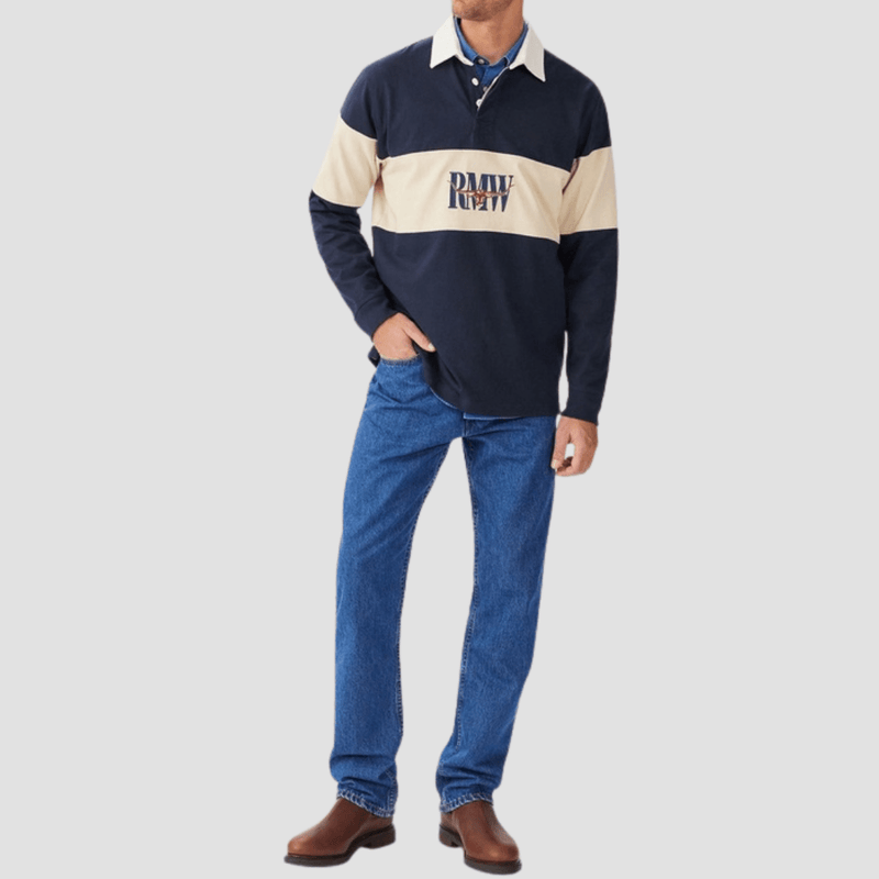 R.M. Williams Mens Heritage Rugby Sweatshirt in Navy Sand - In Store Only