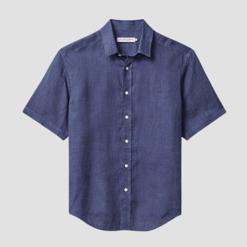 R.M. Williams Mens Newman Linen Short Sleeve Shirt in Navy - In Store Only