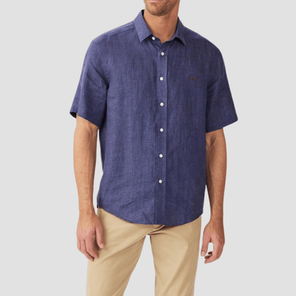 R.M. Williams Mens Newman Linen Short Sleeve Shirt in Navy - In Store Only