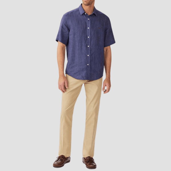 R.M. Williams Mens Newman Linen Short Sleeve Shirt in Navy - In Store Only