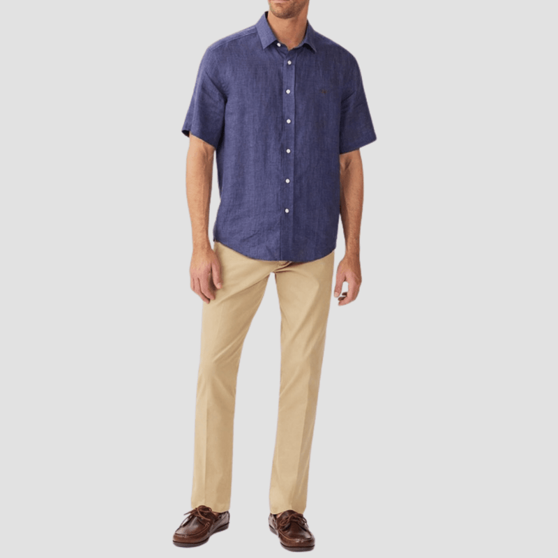 R.M. Williams Mens Newman Linen Short Sleeve Shirt in Navy - In Store Only
