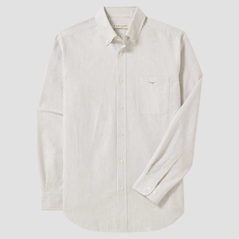 R.M. Williams Mens Oxford Stripe Shirt in Brown Pure Organic Cotton - In Store Only