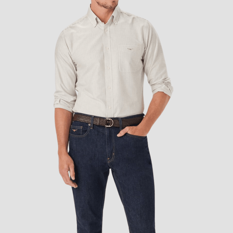 R.M. Williams Mens Oxford Stripe Shirt in Brown Pure Organic Cotton - In Store Only