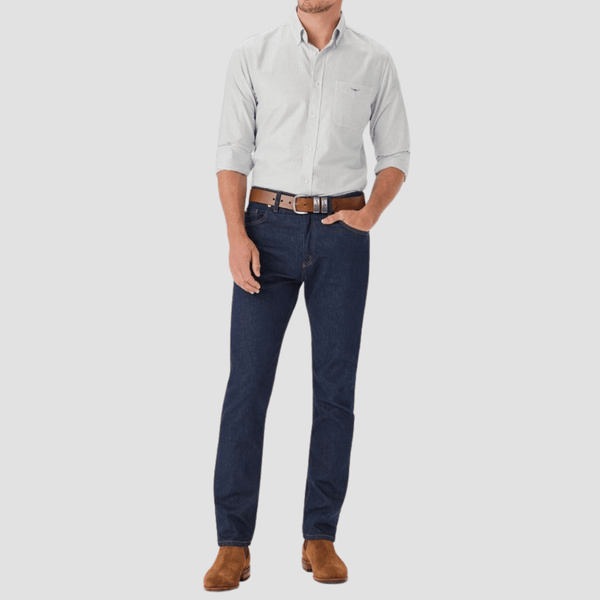 R.M. Williams Mens Oxford Stripe Shirt in Navy Pure Organic Cotton - In Store Only