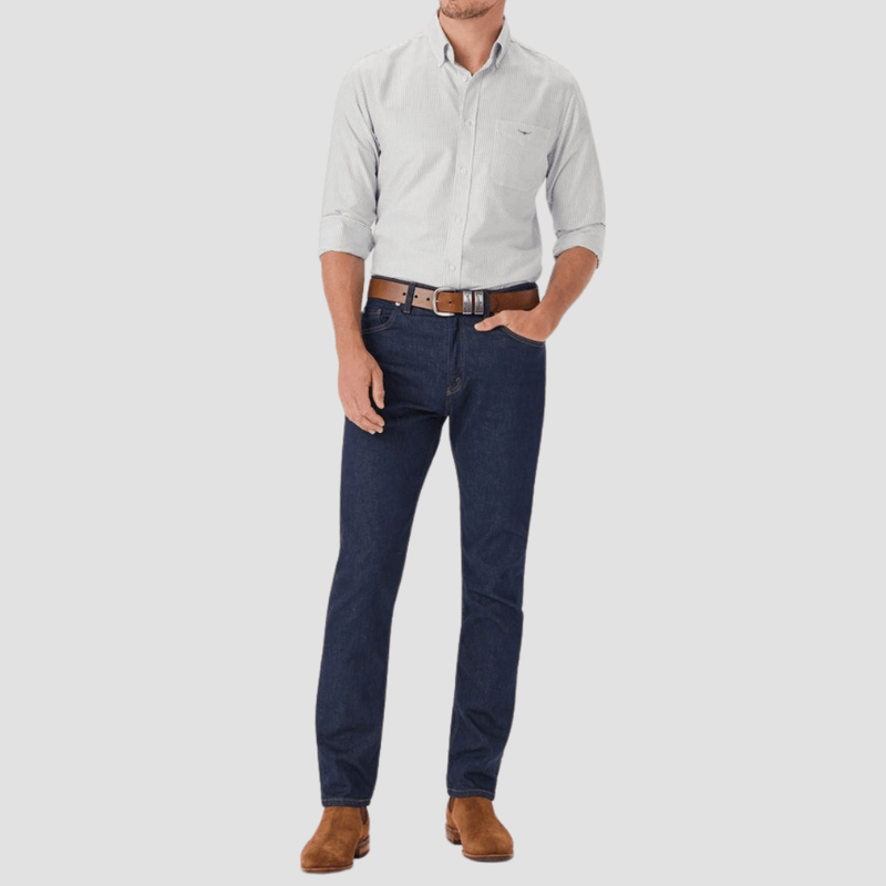 R.M. Williams Mens Oxford Stripe Shirt in Navy Pure Organic Cotton - In Store Only