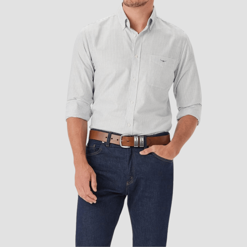 R.M. Williams Mens Oxford Stripe Shirt in Navy Pure Organic Cotton - In Store Only