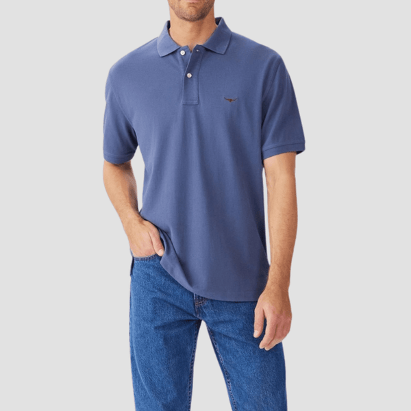 R.M. Williams Mens Rod Polo in Blue Pure Cotton - In Store Only
