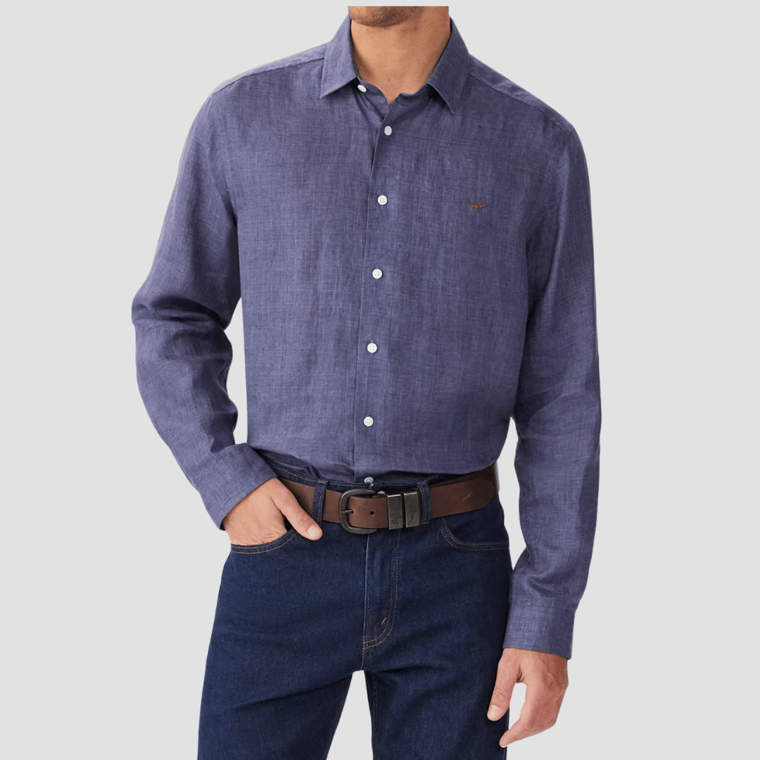 R.M. Williams Mens Newman Classic Linen Shirt in Navy - In Store Only