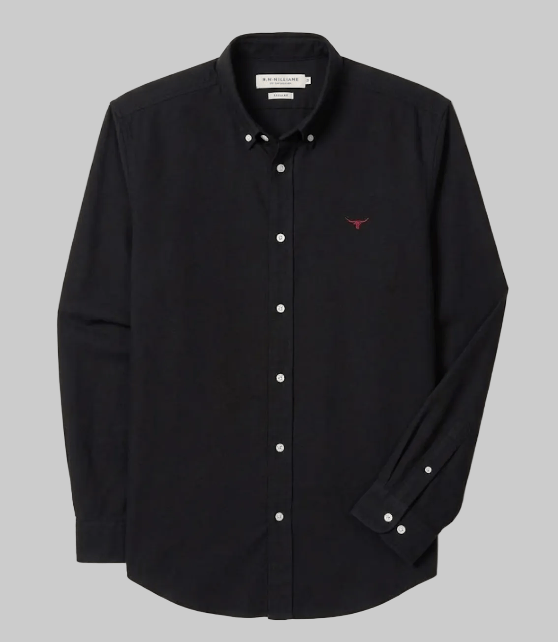 A black long-sleeve button-down shirt by Branded Cotton, featuring a small red embroidered longhorn logo on the left chest, displayed against a light cream background.