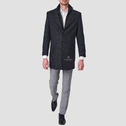 Savile Row Mens Removable Collar Jared Coat in Navy Ash Pure Wool