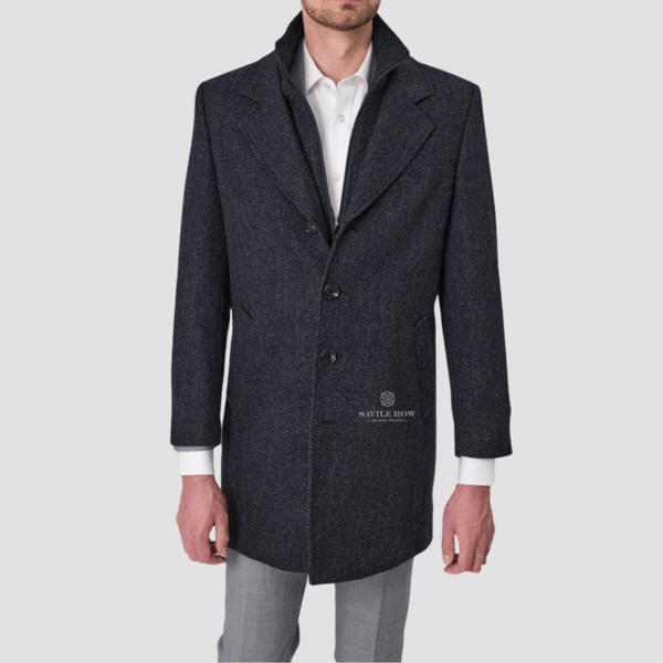 Savile Row Mens Removable Collar Jared Coat in Navy Ash Pure Wool