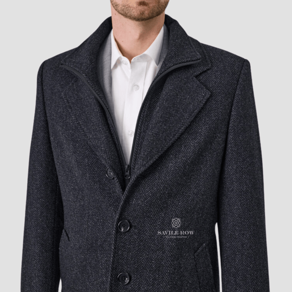 Savile Row Mens Removable Collar Jared Coat in Navy Ash Pure Wool