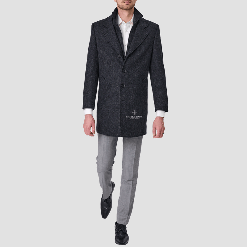 Savile Row Mens Removable Collar Jared Coat in Navy Ash Pure Wool