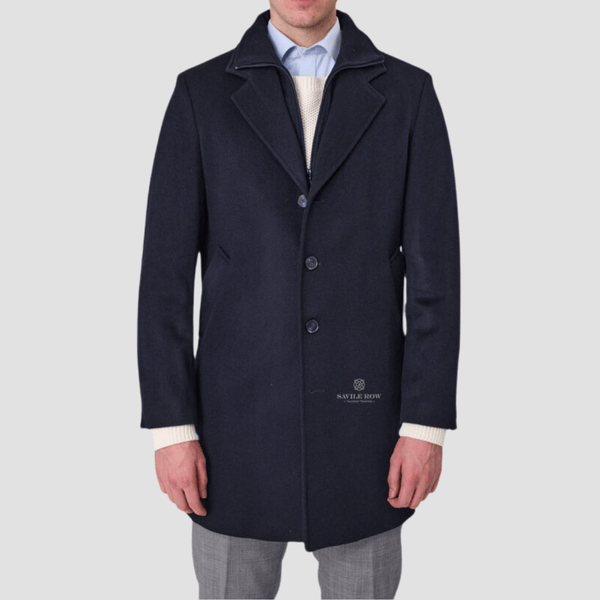 Savile Row Mens Removable Collar Jared Coat in Navy Pure Wool