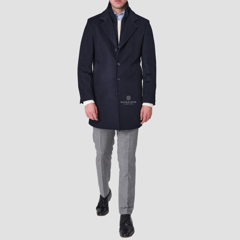 Savile Row Mens Removable Collar Jared Coat in Navy Pure Wool